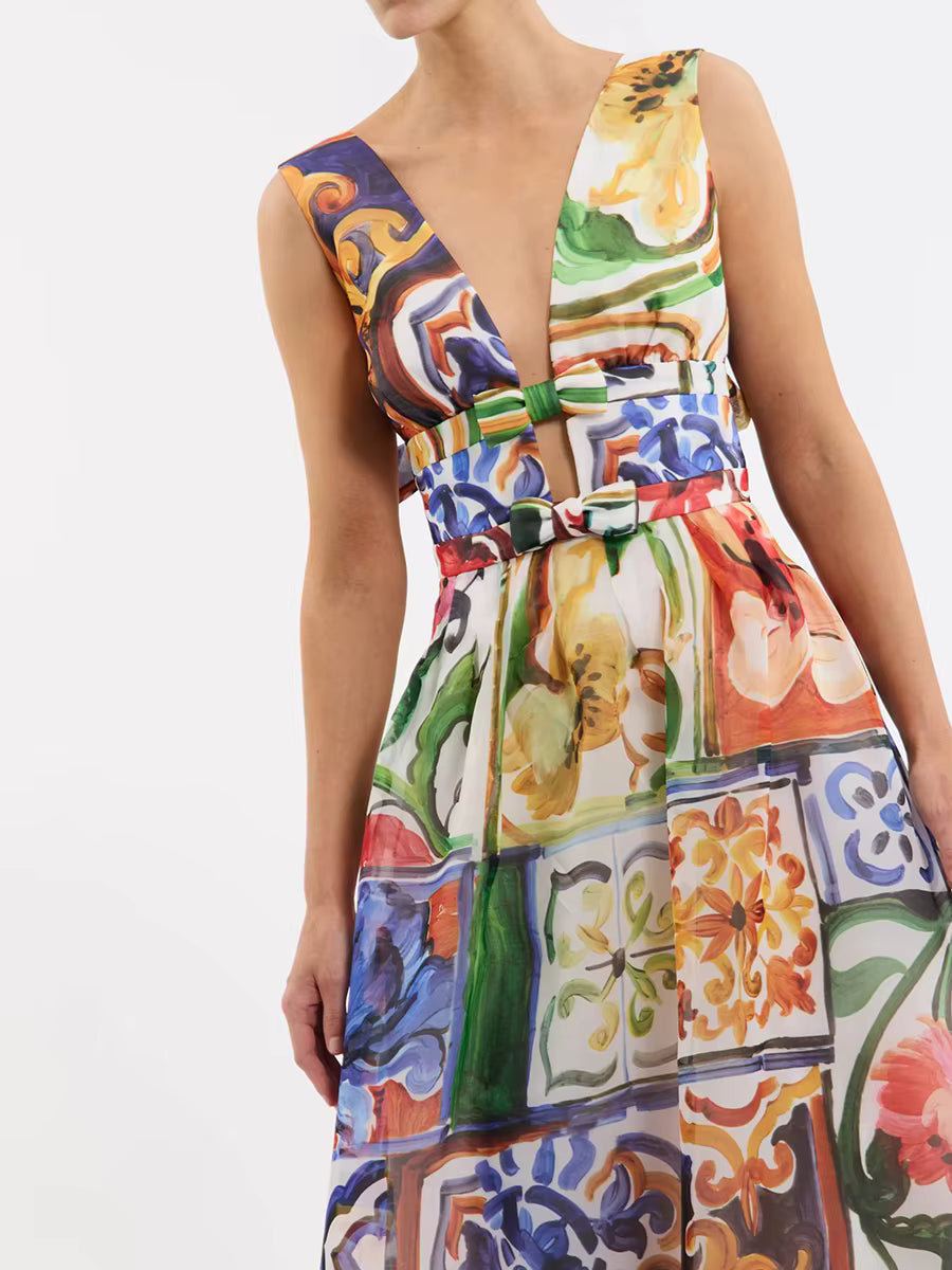 Chic Color Block V-Neck Spliced Bowknots High Waist Printed Bohemia Hollow Midi Dress