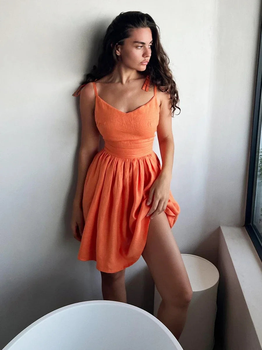 Chic Cotton Spaghetti Strap Solid Color V-neck Short Dress
