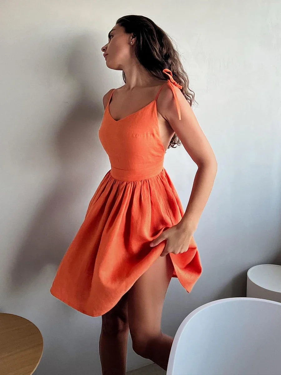 Chic Cotton Spaghetti Strap Solid Color V-neck Short Dress