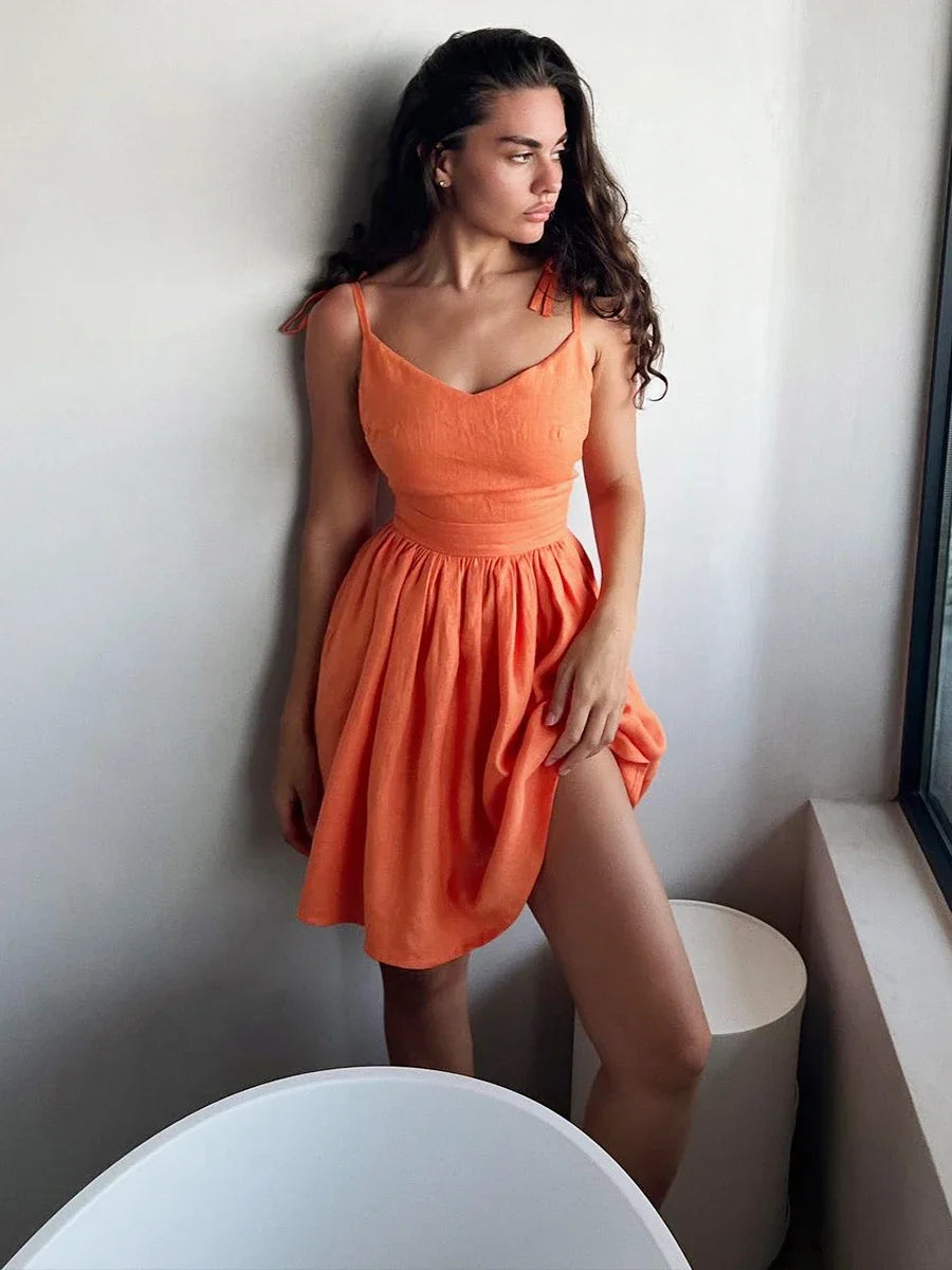 Chic Cotton Spaghetti Strap Solid Color V-neck Short Dress