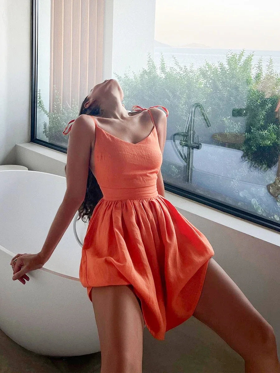 Chic Cotton Spaghetti Strap Solid Color V-neck Short Dress