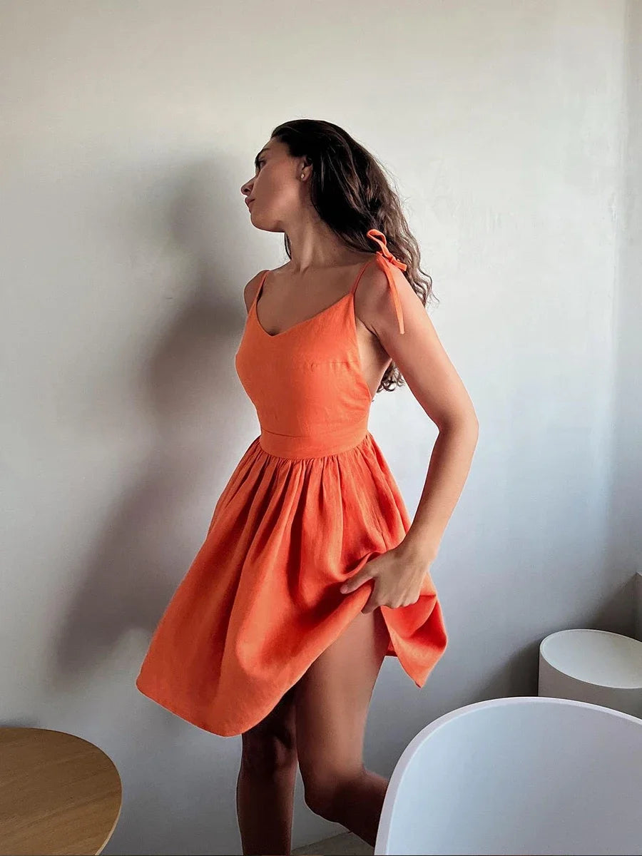 Chic Cotton Spaghetti Strap Solid Color V-neck Short Dress