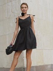 Chic Cotton Spaghetti Strap Solid Color V-neck Short Dress
