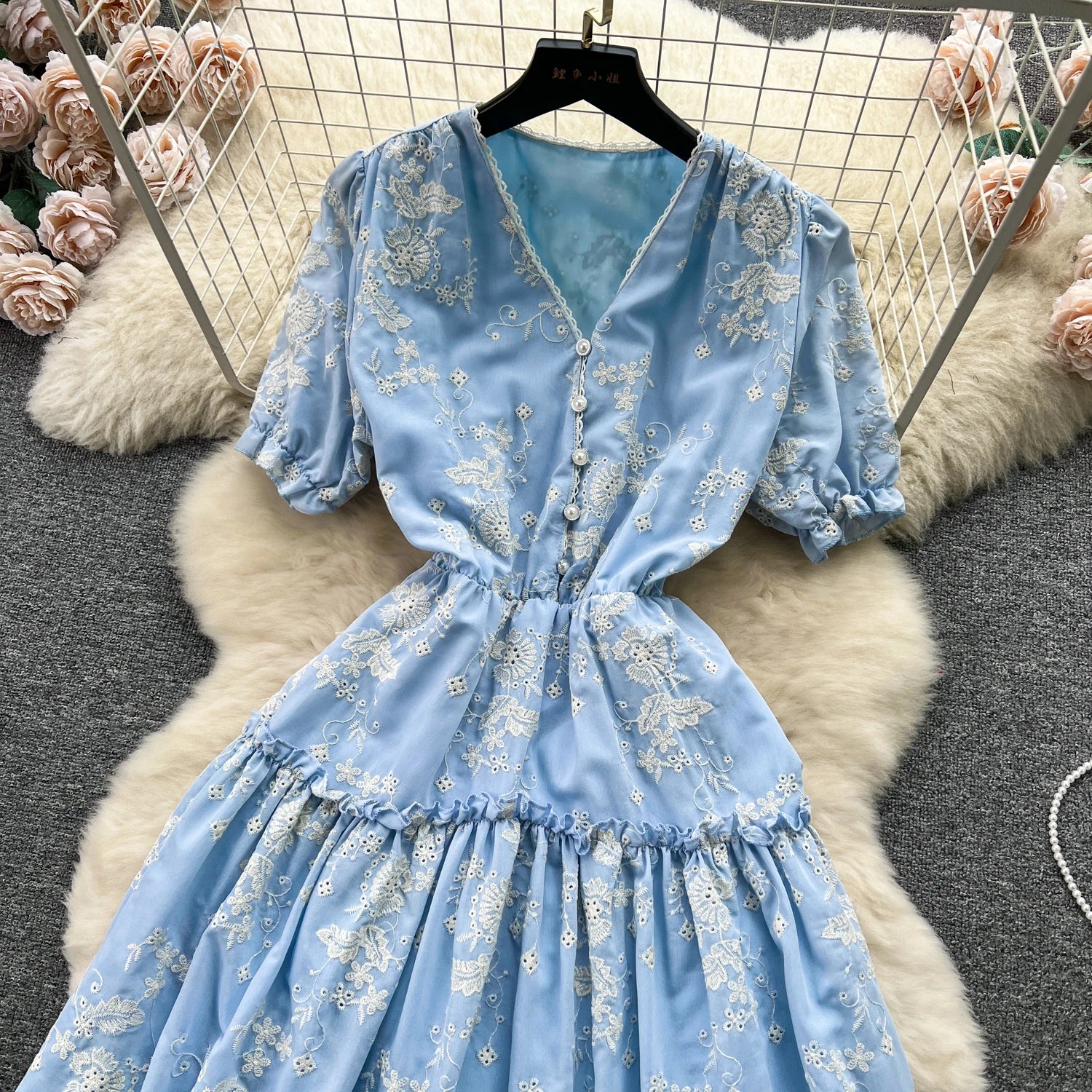 Chic Elegant Long Dress for Women Printed V-neck Puff Sleeve