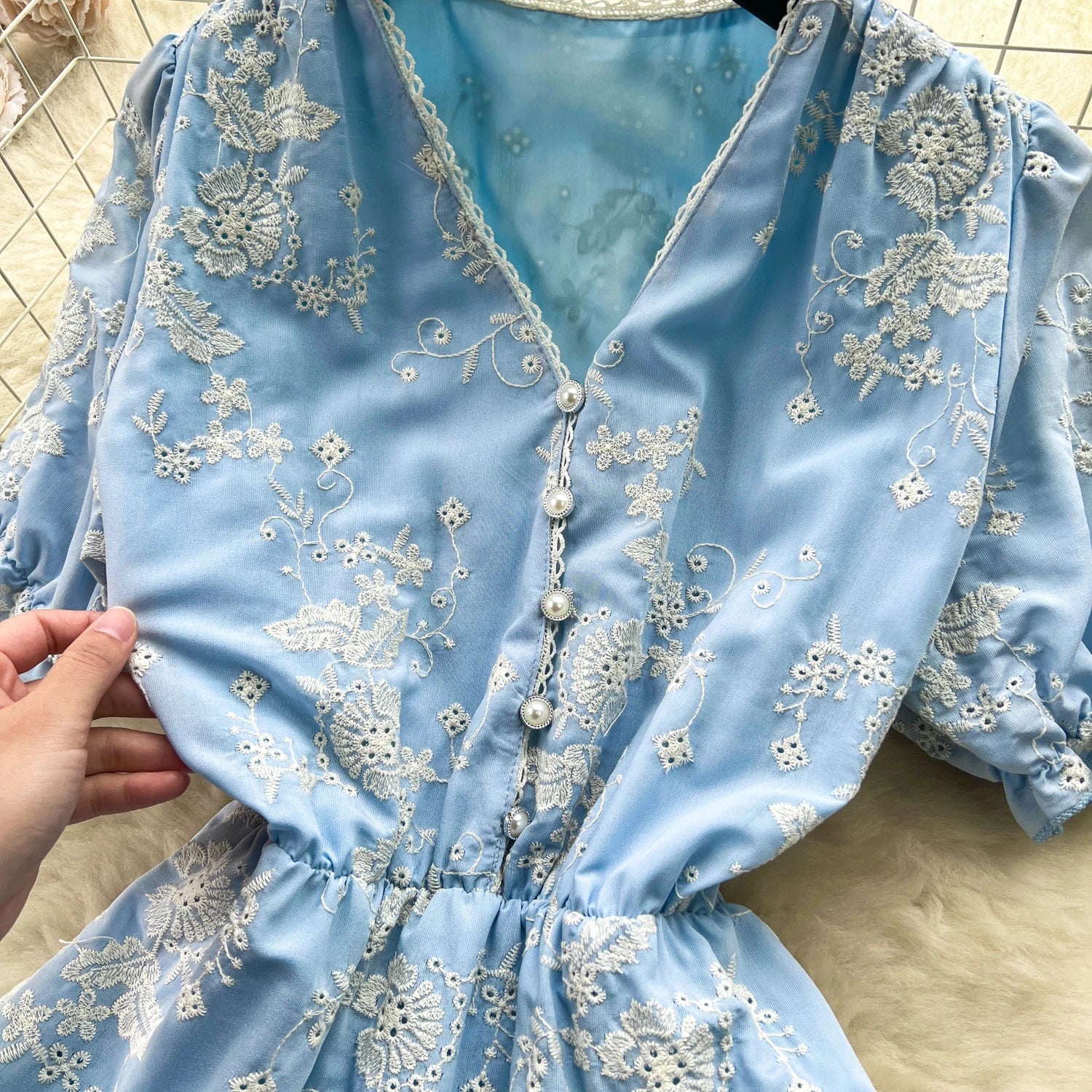 Chic Elegant Long Dress for Women Printed V-neck Puff Sleeve