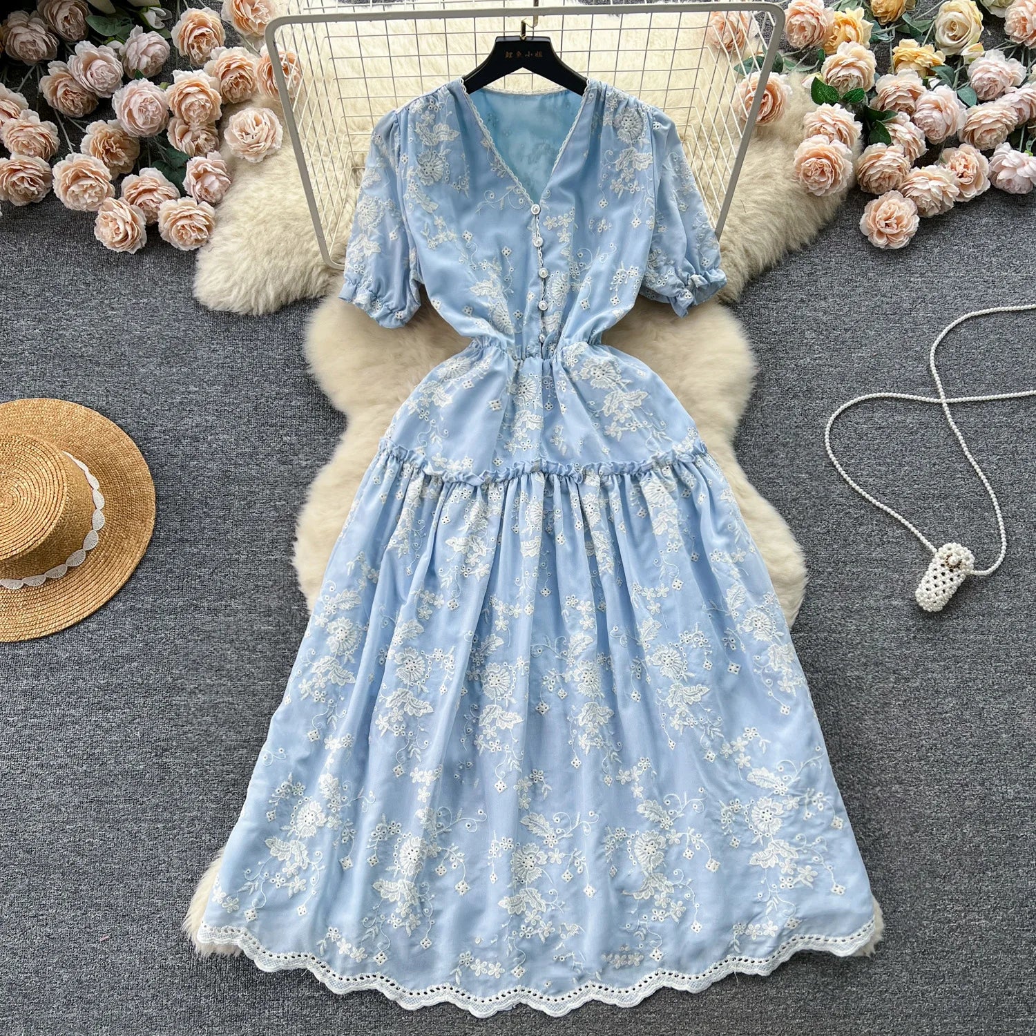 Chic Elegant Long Dress for Women Printed V-neck Puff Sleeve