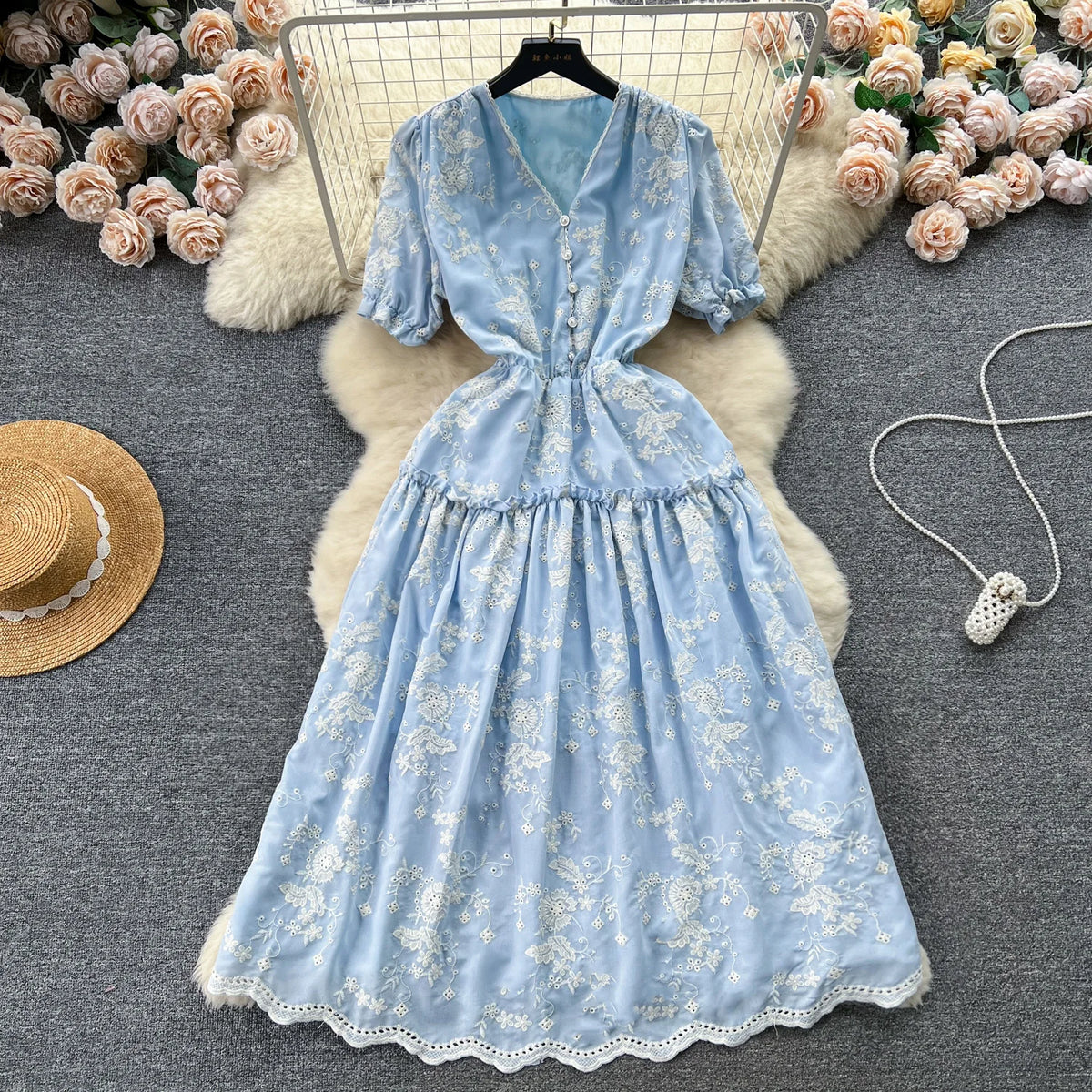Chic Elegant Long Dress for Women Printed V-neck Puff Sleeve