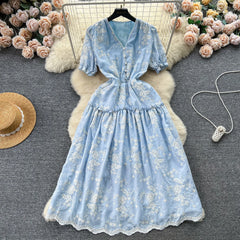Chic Elegant Long Dress for Women Printed V-neck Puff Sleeve