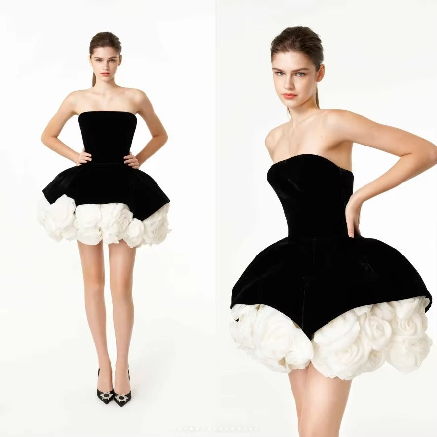 Chic Floral Design Pleated Ruffle Above Knee Swan Velvet Prom Gowns