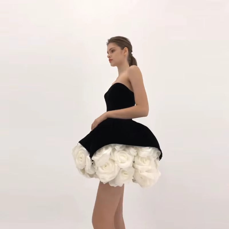 Chic Floral Design Pleated Ruffle Above Knee Swan Velvet Prom Gowns