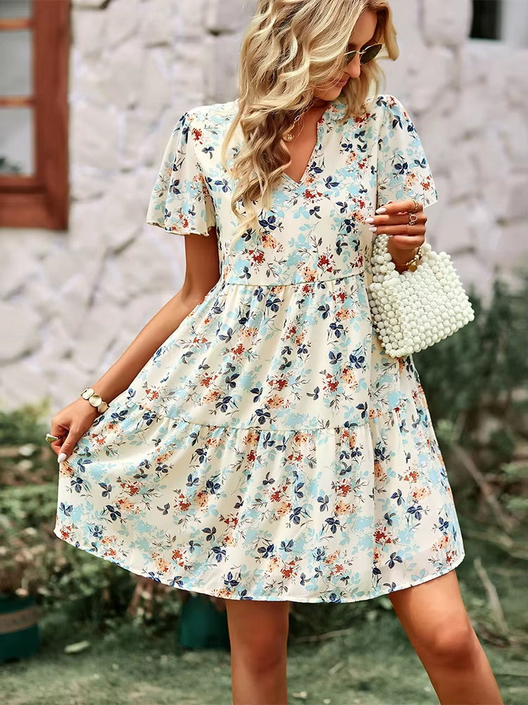 Chic Floral Printed V-Neck Short Sleeve Loose Mini Dress