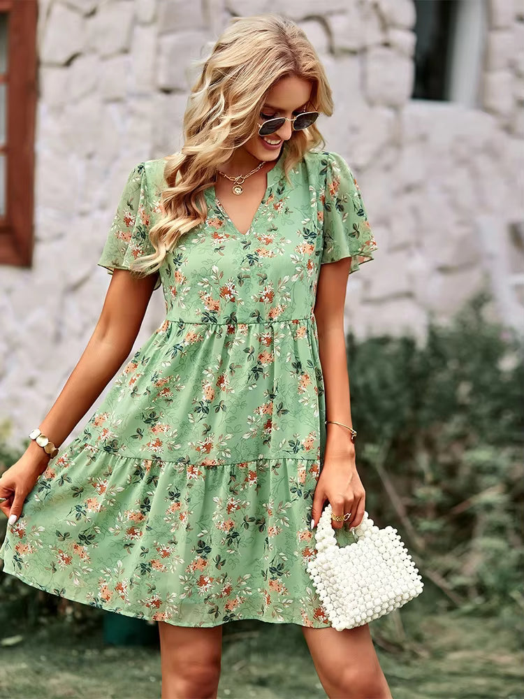 Chic Floral Printed V-Neck Short Sleeve Loose Mini Dress