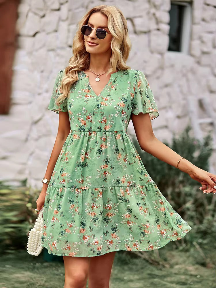 Chic Floral Printed V-Neck Short Sleeve Loose Mini Dress