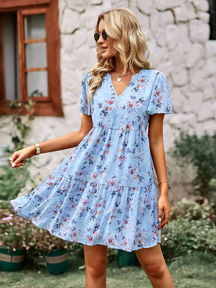 Chic Floral Printed V-Neck Short Sleeve Loose Mini Dress