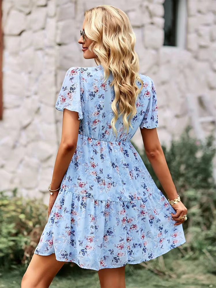 Chic Floral Printed V-Neck Short Sleeve Loose Mini Dress