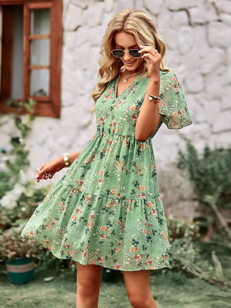 Chic Floral Printed V-Neck Short Sleeve Loose Mini Dress