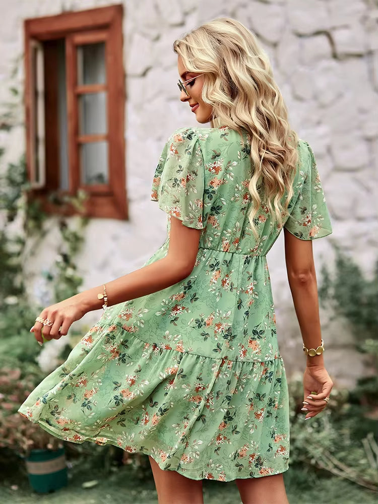 Chic Floral Printed V-Neck Short Sleeve Loose Mini Dress