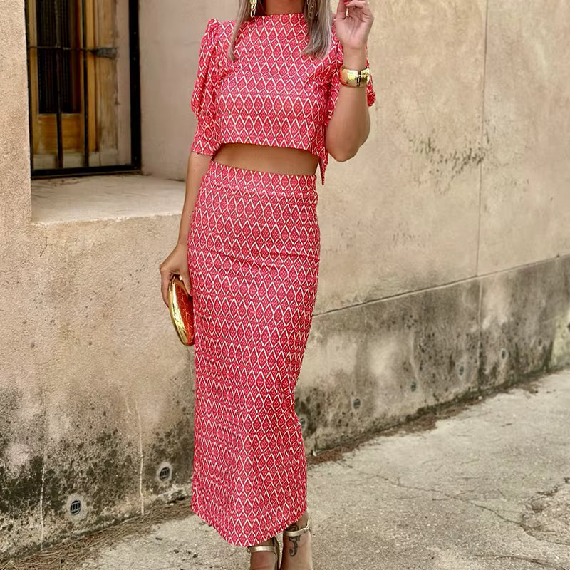 Chic Geometry Print Puff Sleeve O Neck Backless Top And Skirt 2 Piece Set