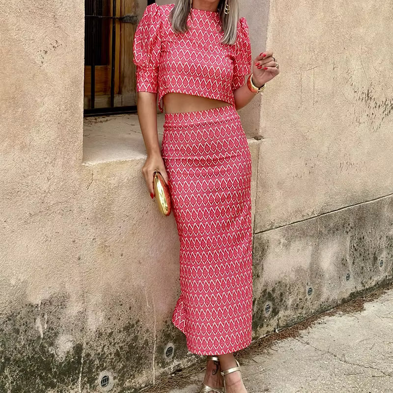 Chic Geometry Print Puff Sleeve O Neck Backless Top And Skirt 2 Piece Set