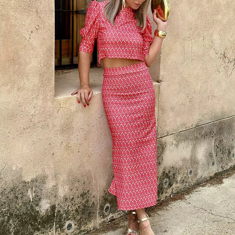 Chic Geometry Print Puff Sleeve O Neck Backless Top And Skirt 2 Piece Set