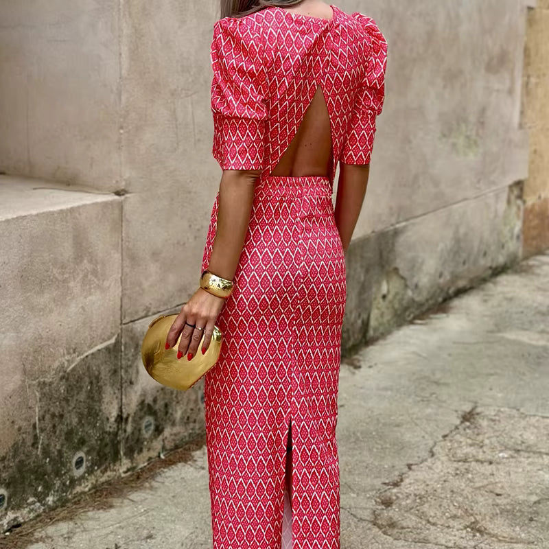 Chic Geometry Print Puff Sleeve O Neck Backless Top And Skirt 2 Piece Set