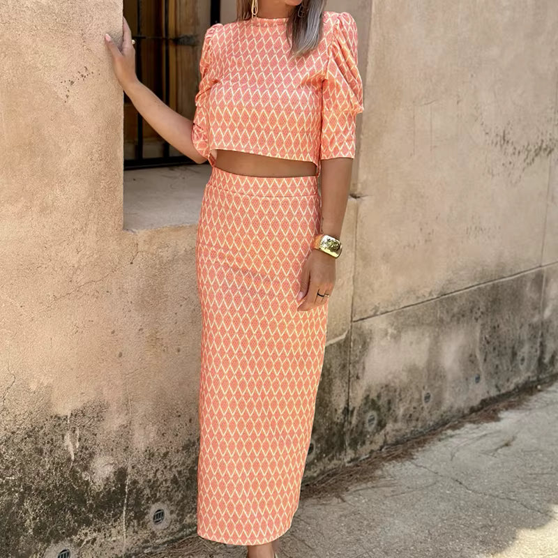 Chic Geometry Print Puff Sleeve O Neck Backless Top And Skirt 2 Piece Set