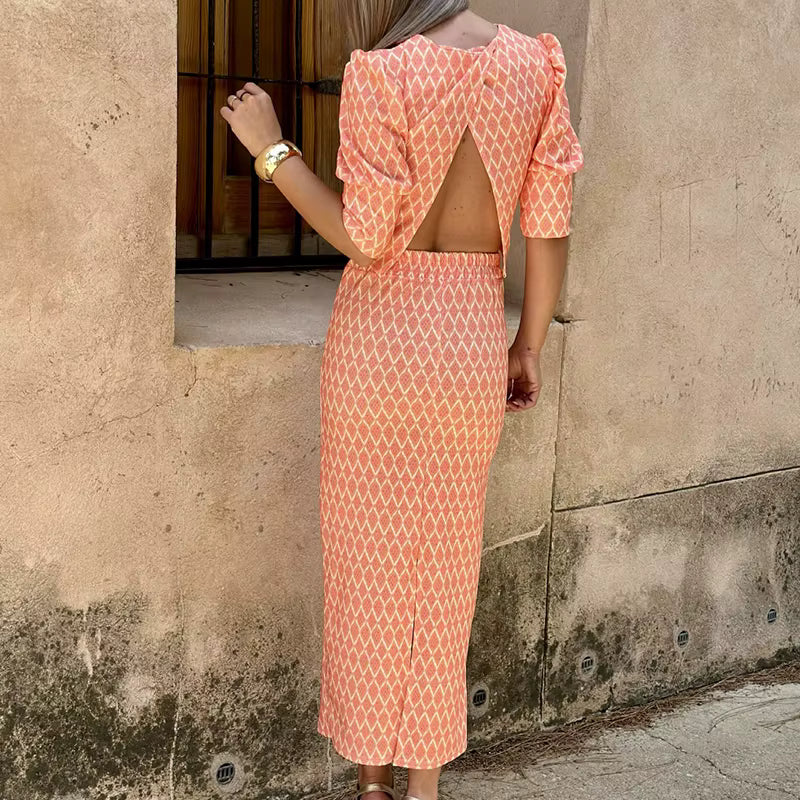 Chic Geometry Print Puff Sleeve O Neck Backless Top And Skirt 2 Piece Set
