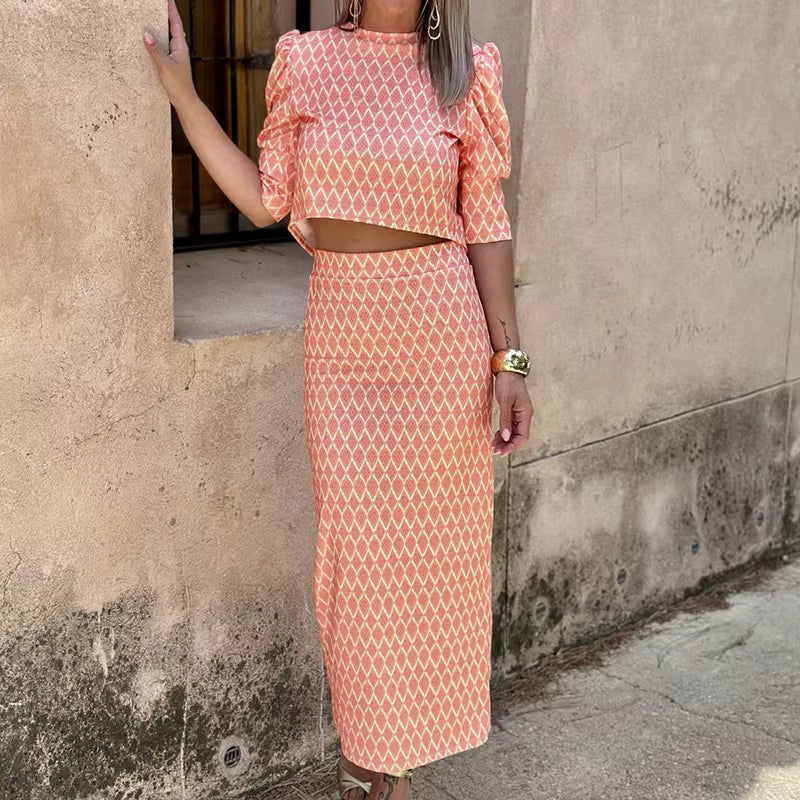 Chic Geometry Print Puff Sleeve O Neck Backless Top And Skirt 2 Piece Set