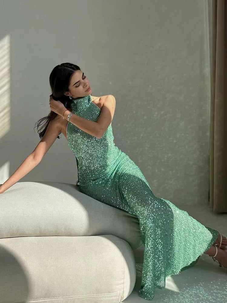 Chic Glitter Sequins Backless Halter Lace Up Bodycon Maxi Dress