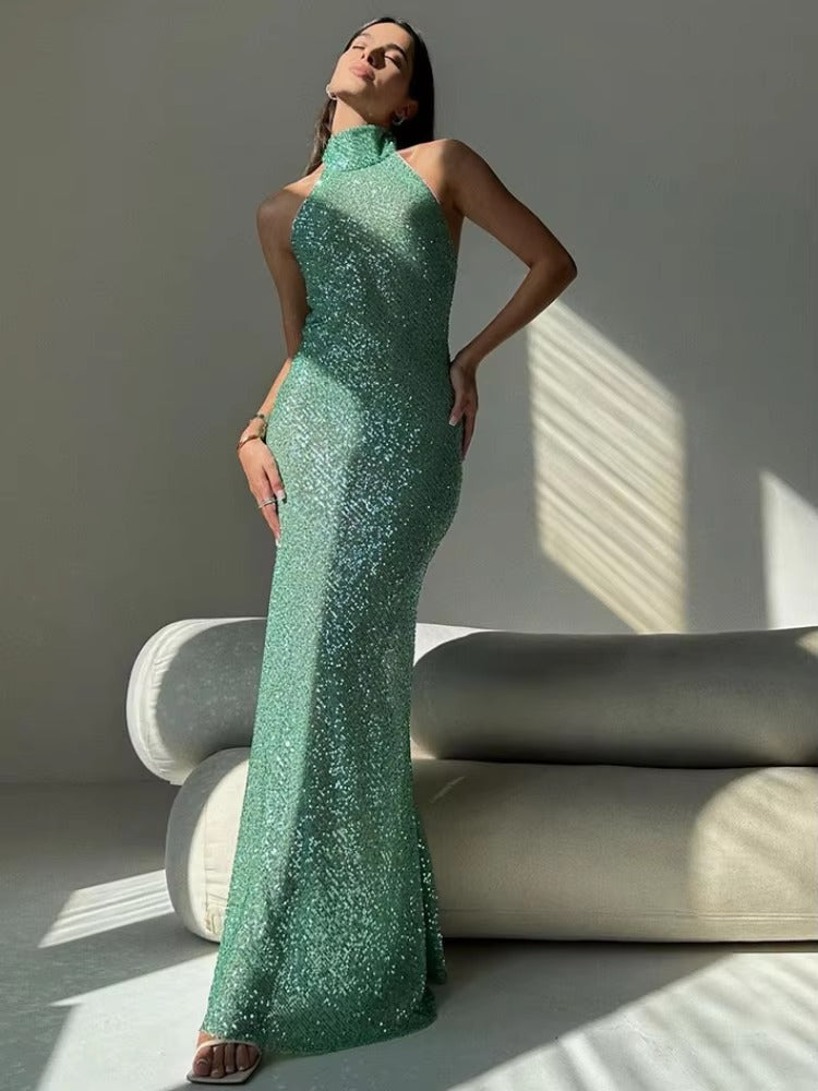 Chic Glitter Sequins Backless Halter Lace Up Bodycon Maxi Dress