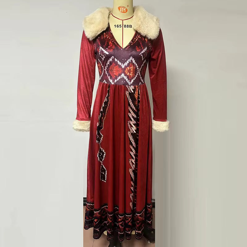 Casual High Waist A-line Bohemian Fur Collar V-Neck Loose Maxi Dress