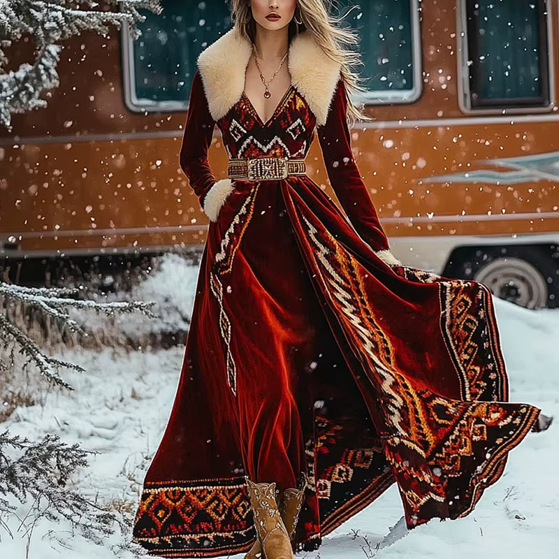 Casual High Waist A-line Bohemian Fur Collar V-Neck Loose Maxi Dress