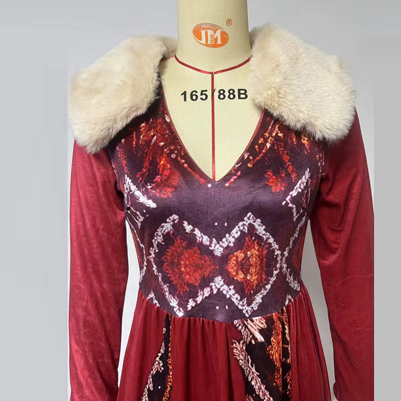 Casual High Waist A-line Bohemian Fur Collar V-Neck Loose Maxi Dress