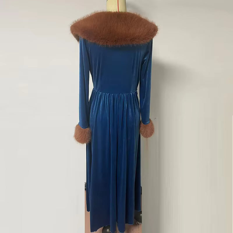 Chic High Waist A-line Bohemian Fur Collar V-Neck Loose Maxi Dress