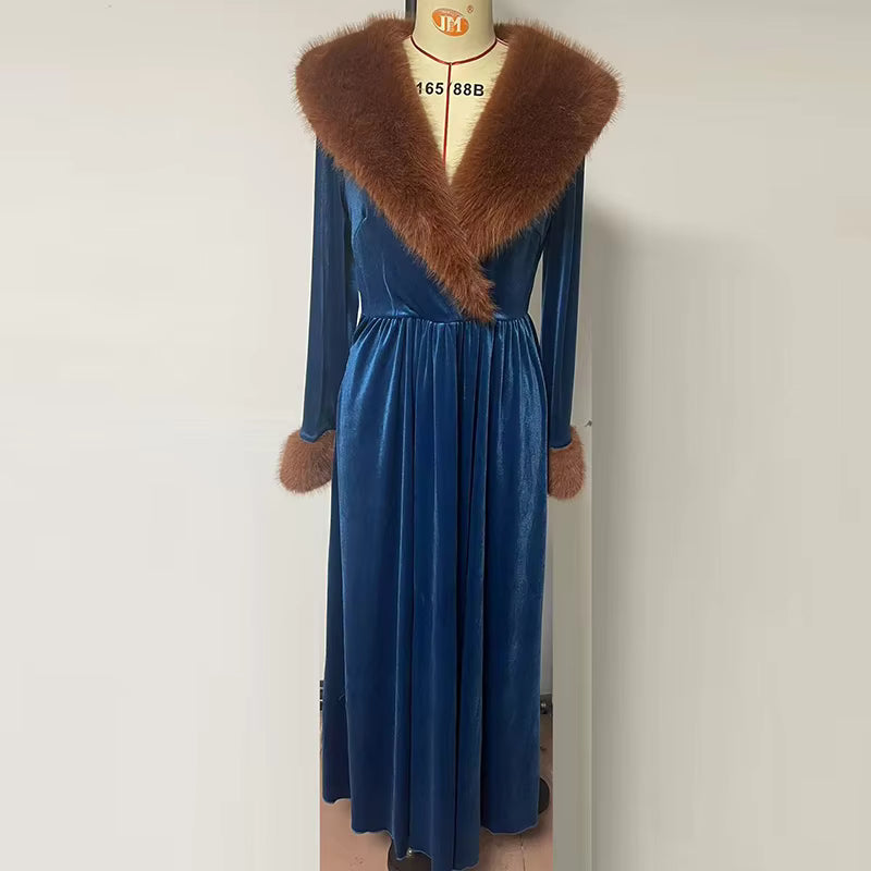 Chic High Waist A-line Bohemian Fur Collar V-Neck Loose Maxi Dress