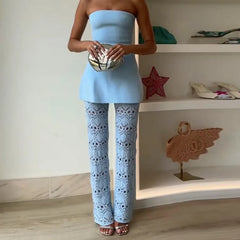 Chic Knitted Hollow Out Solid Strapless Sleeveless Tops Straight Trousers Sets