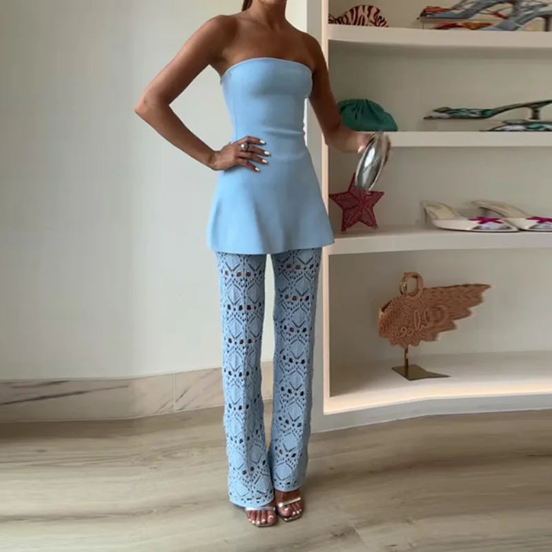 Chic Knitted Hollow Out Solid Strapless Sleeveless Tops Straight Trousers Sets