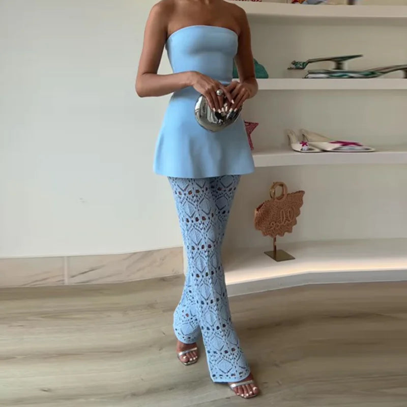 Chic Knitted Hollow Out Solid Strapless Sleeveless Tops Straight Trousers Sets