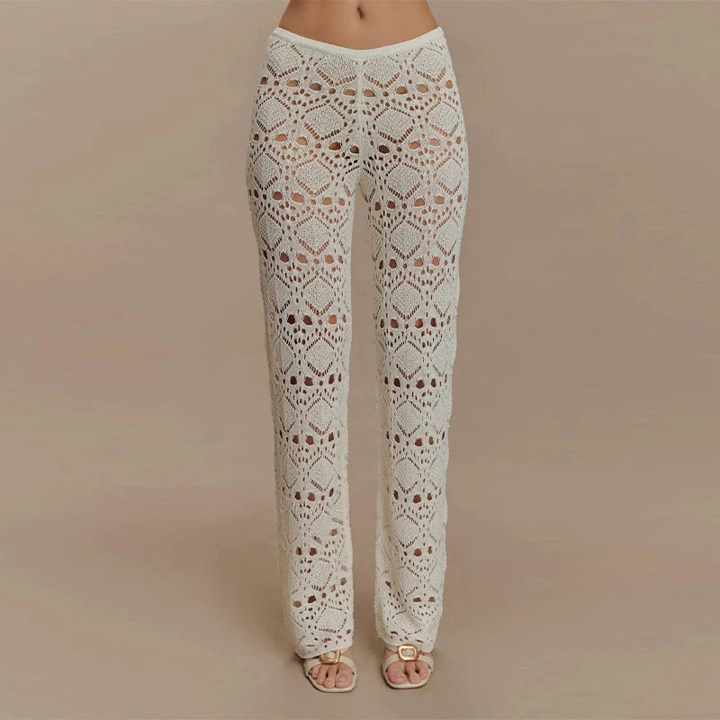 Chic Knitted Hollow Out Solid Strapless Sleeveless Tops Straight Trousers Sets