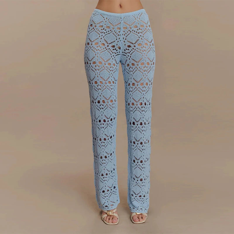 Chic Knitted Hollow Out Solid Strapless Sleeveless Tops Straight Trousers Sets