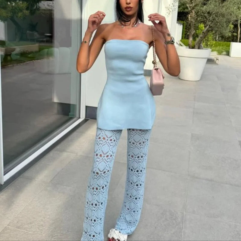 Chic Knitted Hollow Out Solid Strapless Sleeveless Tops Straight Trousers Sets