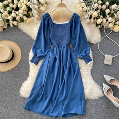 Chic Lace Square Collar Long Sleeve Solid A-line Elastic Ruched Streetwear Dress