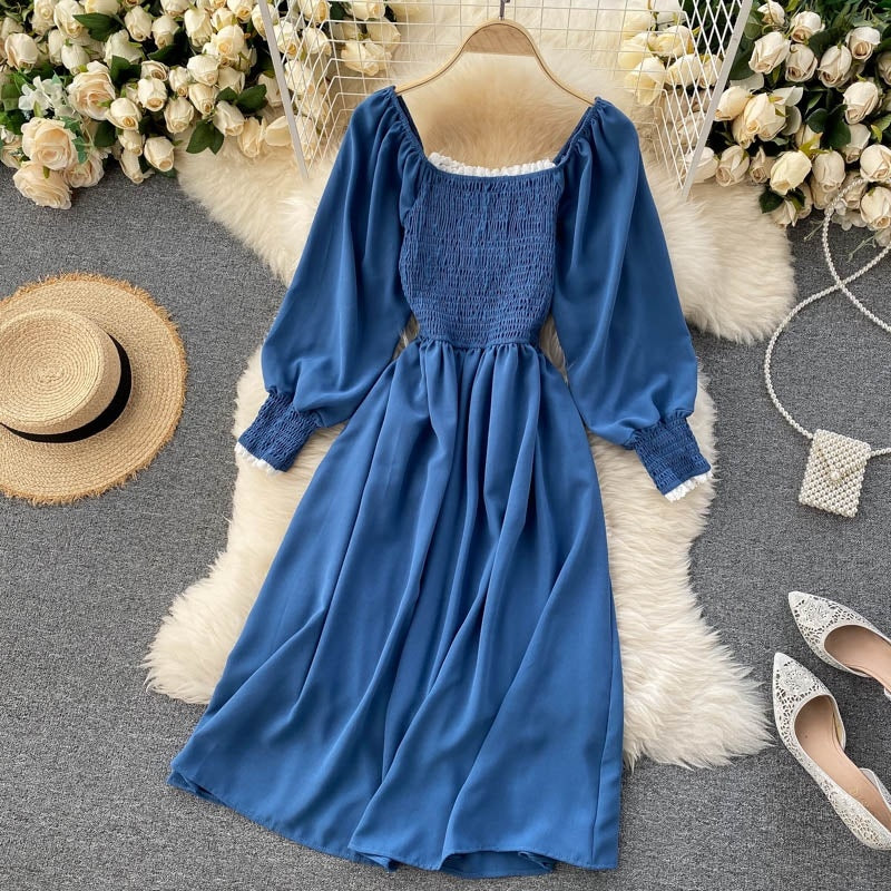 Chic Lace Square Collar Long Sleeve Solid A-line Elastic Ruched Streetwear Dress