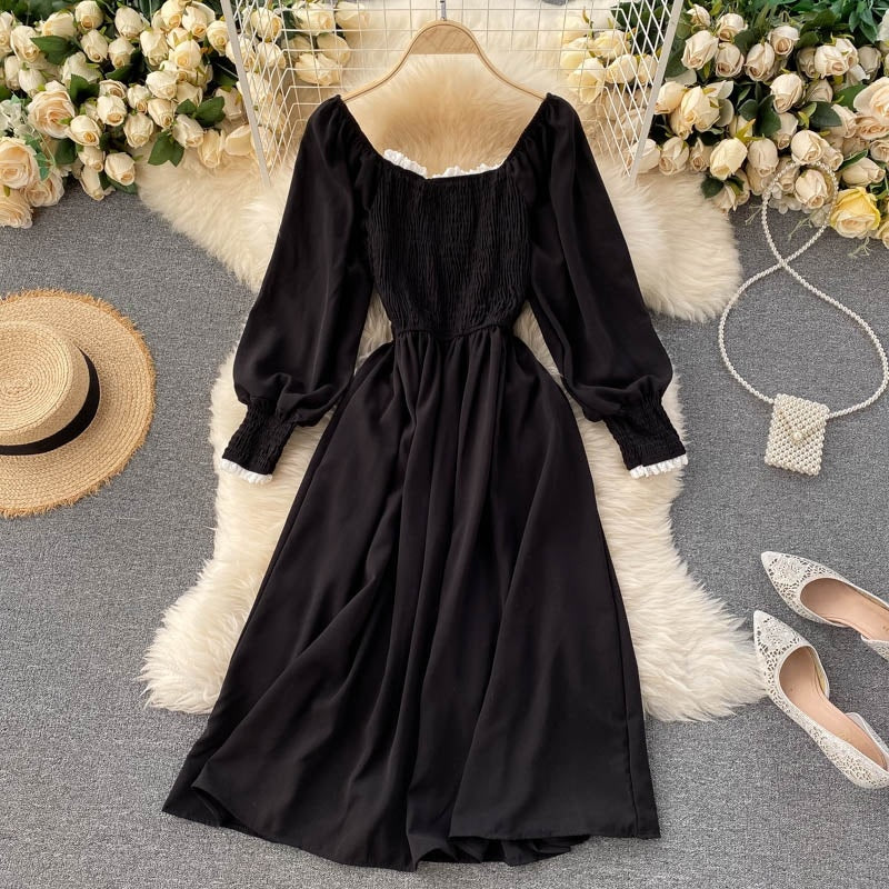 Chic Lace Square Collar Long Sleeve Solid A-line Elastic Ruched Streetwear Dress