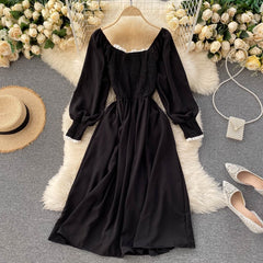 Chic Lace Square Collar Long Sleeve Solid A-line Elastic Ruched Streetwear Dress