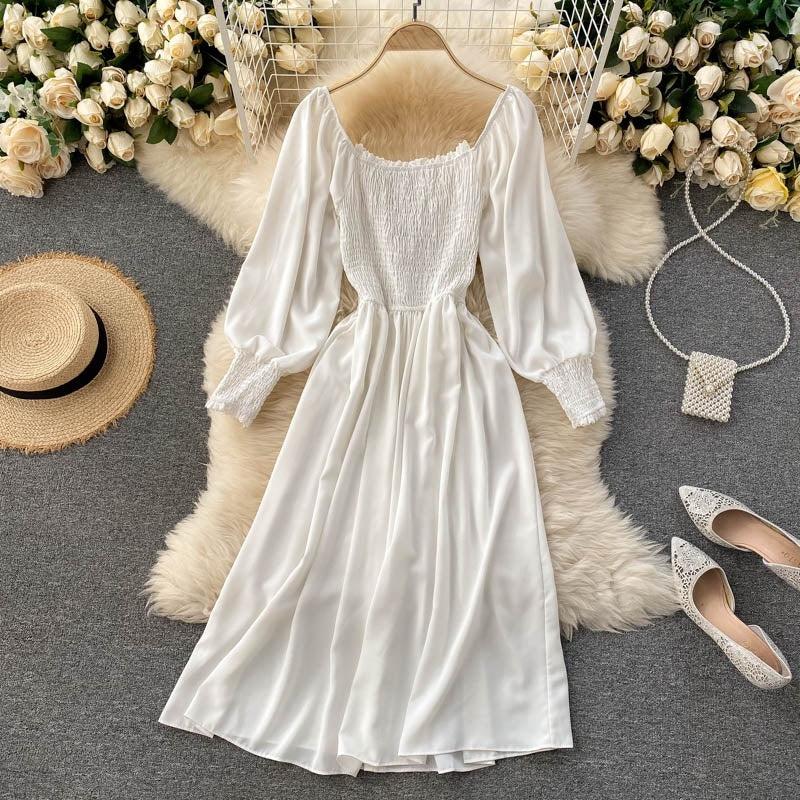 Chic Lace Square Collar Long Sleeve Solid A-line Elastic Ruched Streetwear Dress