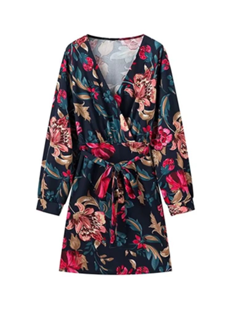 Chic Long Sleeve V-Neck Floral Print Bow Tied Sashes Slim Mini Dress