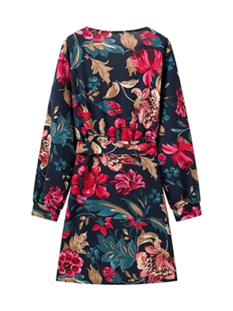 Chic Long Sleeve V-Neck Floral Print Bow Tied Sashes Slim Mini Dress