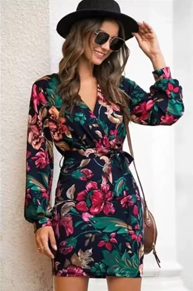 Chic Long Sleeve V-Neck Floral Print Bow Tied Sashes Slim Mini Dress