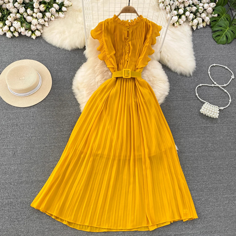 Elegant Maxi Dress for Women O-neck Flying Sleeve A-line Female Summer Dresses